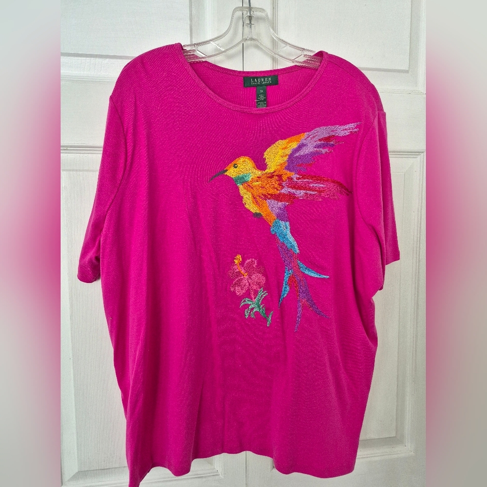 Ralp Lauren Costa 3X Costa Rica Pink Dalea Embroidered Cotton T Shirt NWT